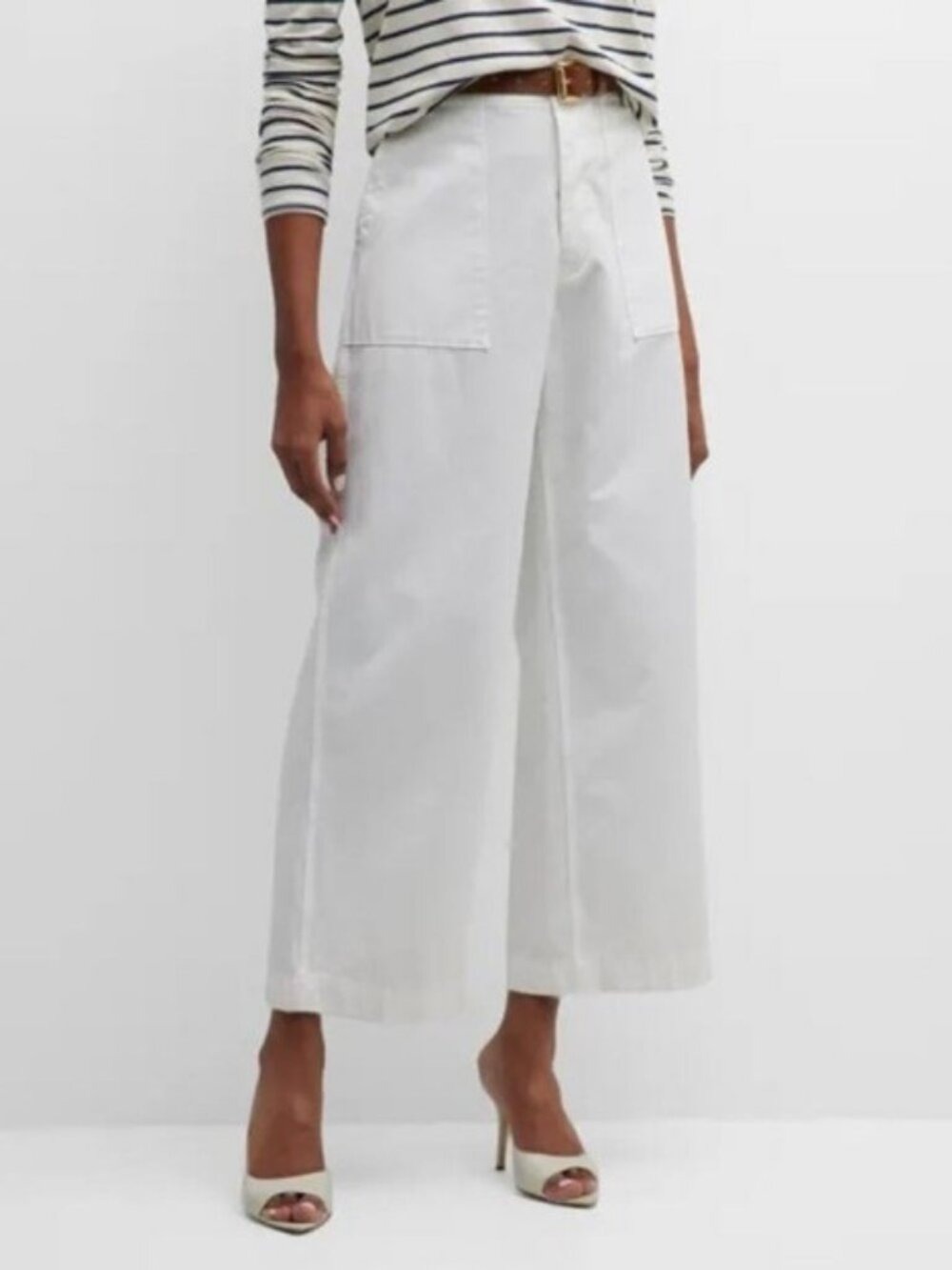 Nili Lotan Leon Boy Pants White Linen High Rise Wide Leg Cargo Crop Size 8